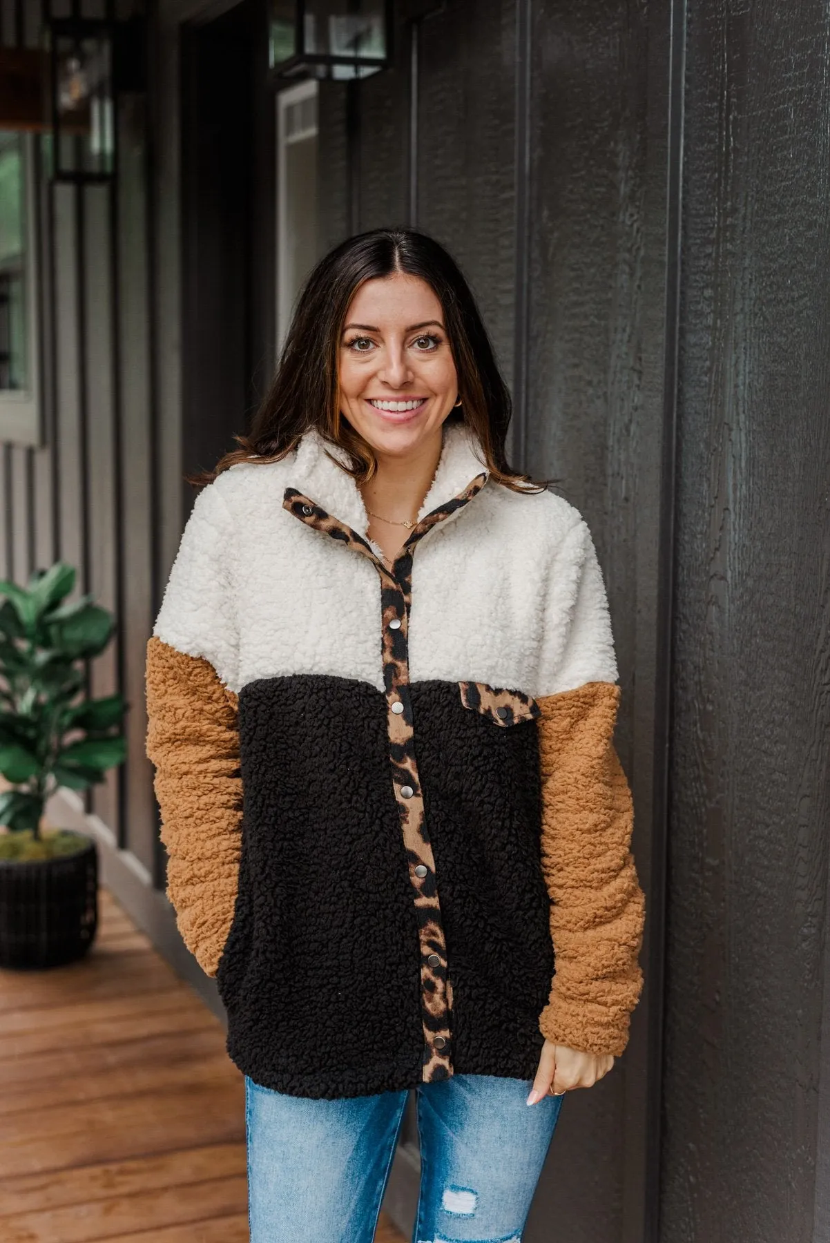 Looking Feisty Button Up Sherpa- Ivory & Camel