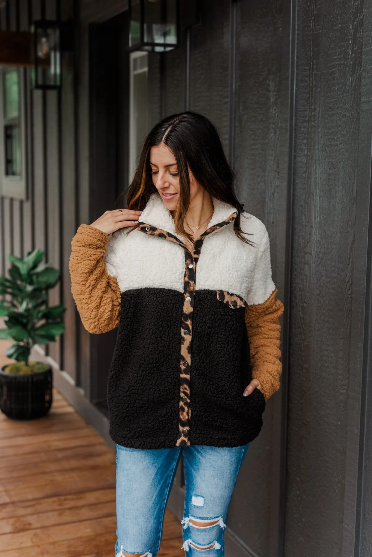 Looking Feisty Button Up Sherpa- Ivory & Camel