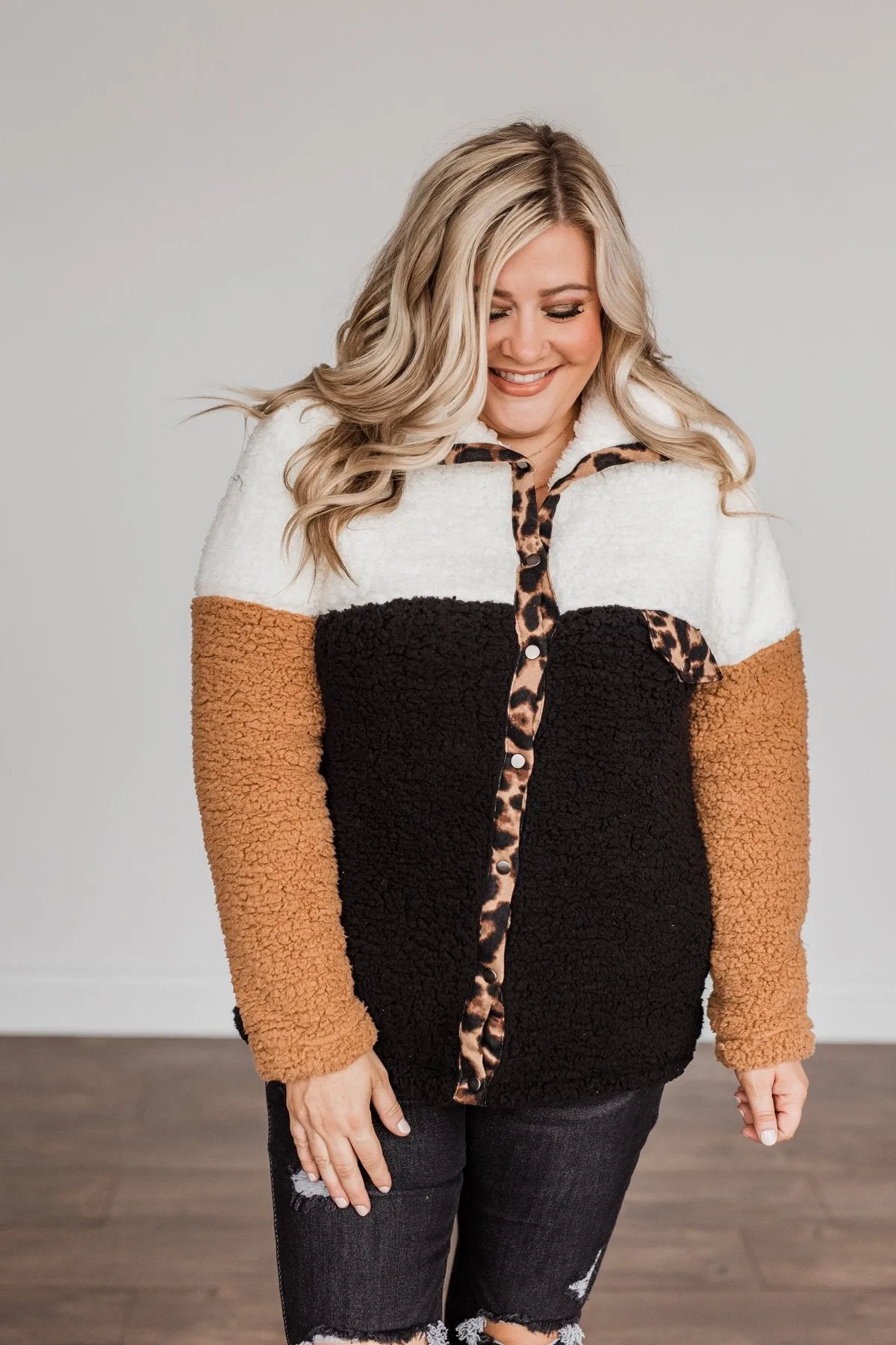 Looking Feisty Button Up Sherpa- Ivory & Camel