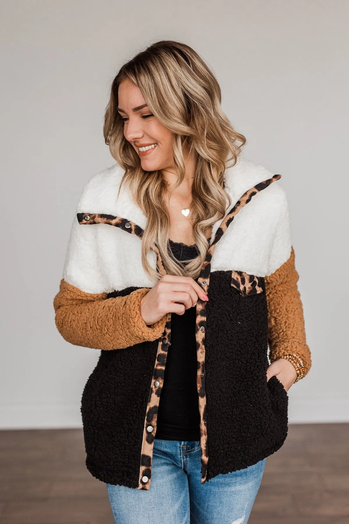 Looking Feisty Button Up Sherpa- Ivory & Camel
