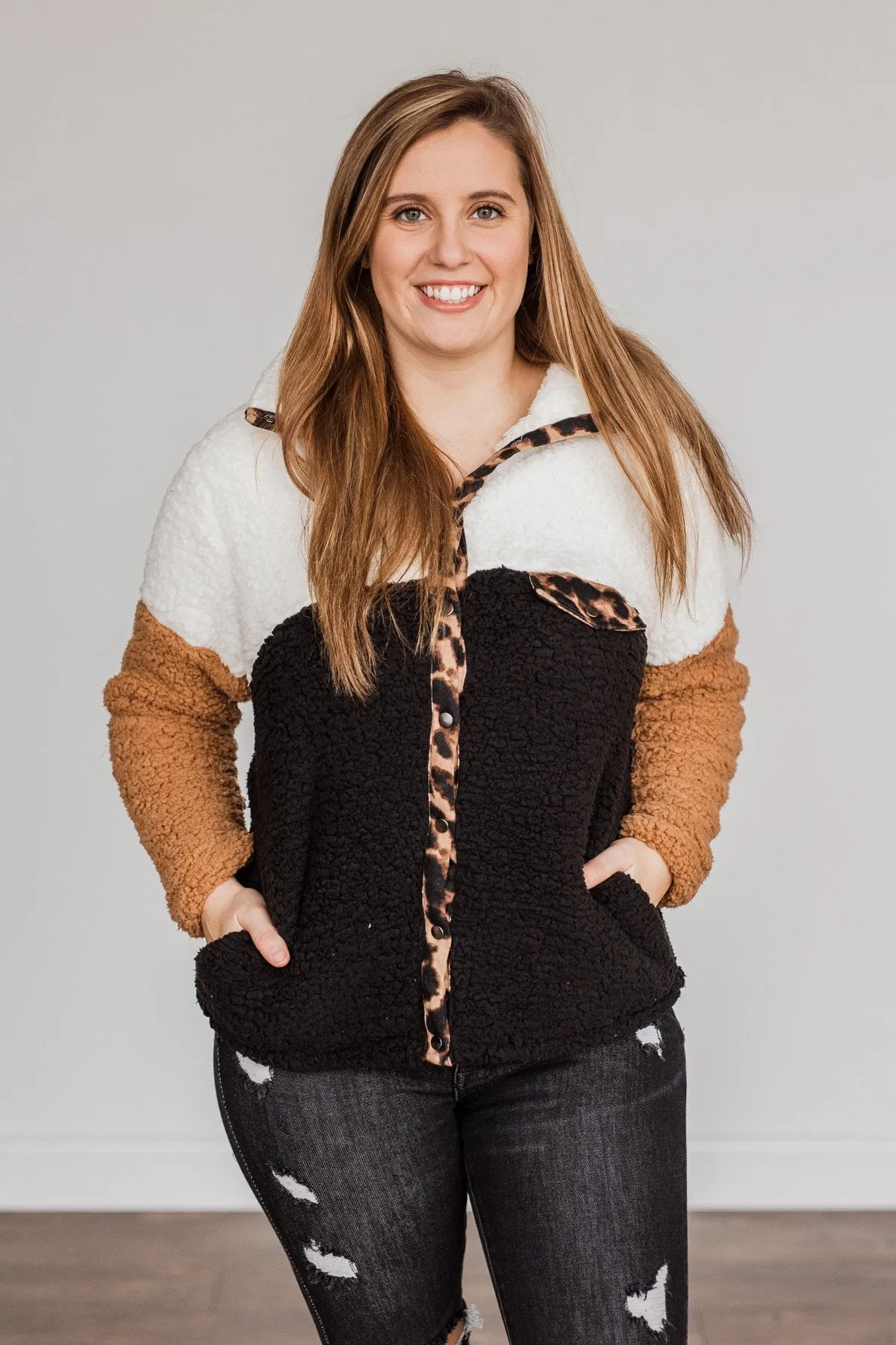 Looking Feisty Button Up Sherpa- Ivory & Camel