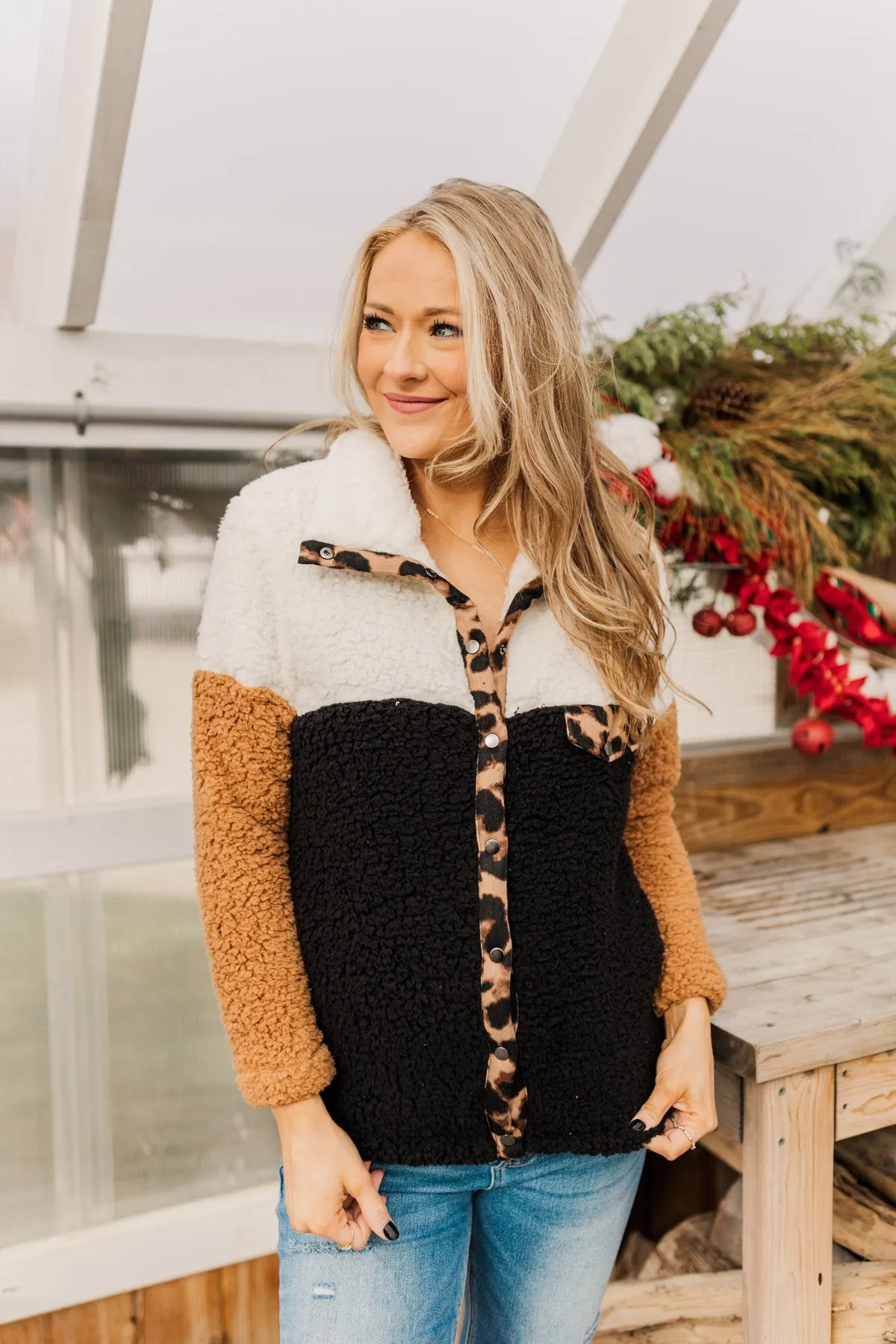 Looking Feisty Button Up Sherpa- Ivory & Camel