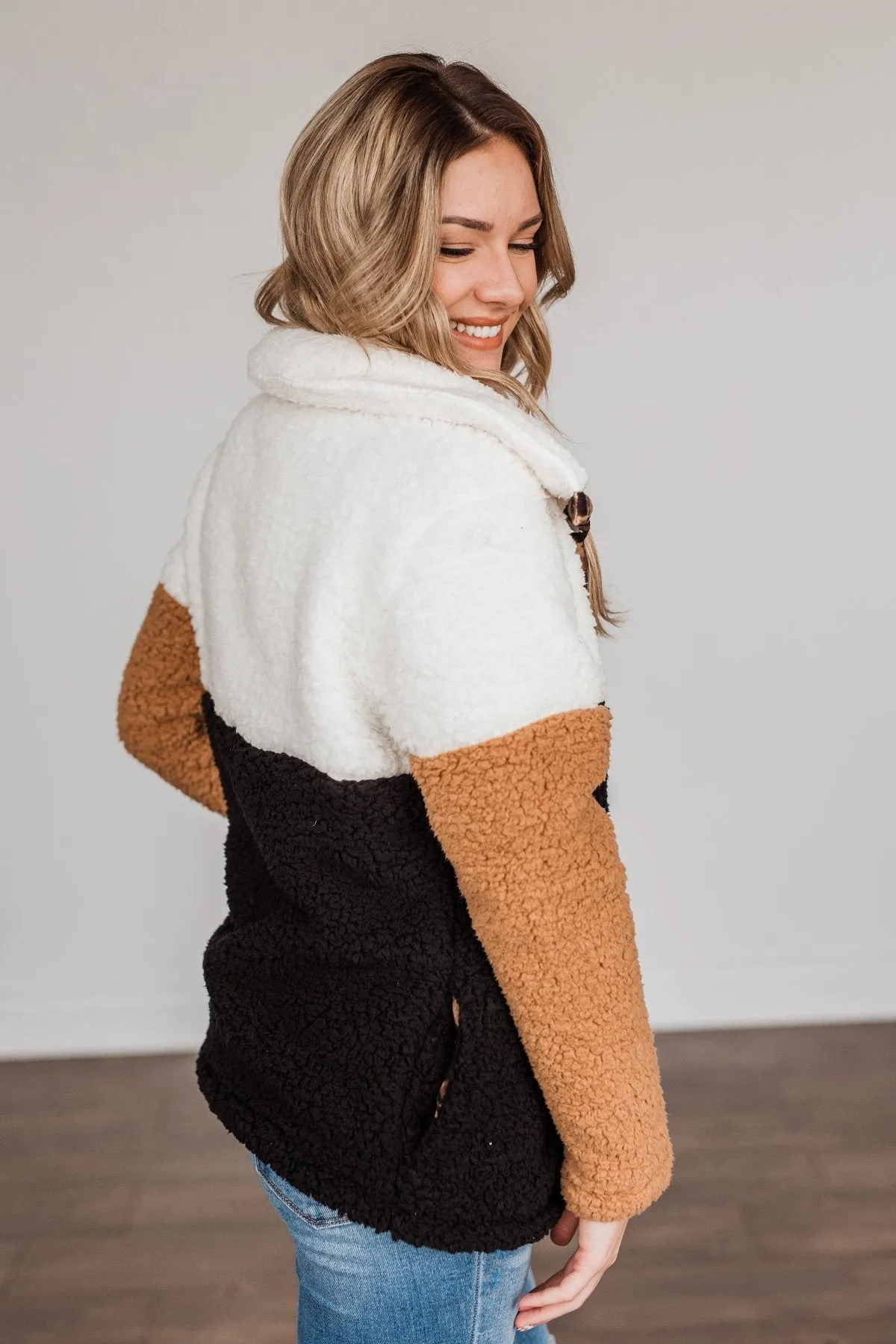 Looking Feisty Button Up Sherpa- Ivory & Camel