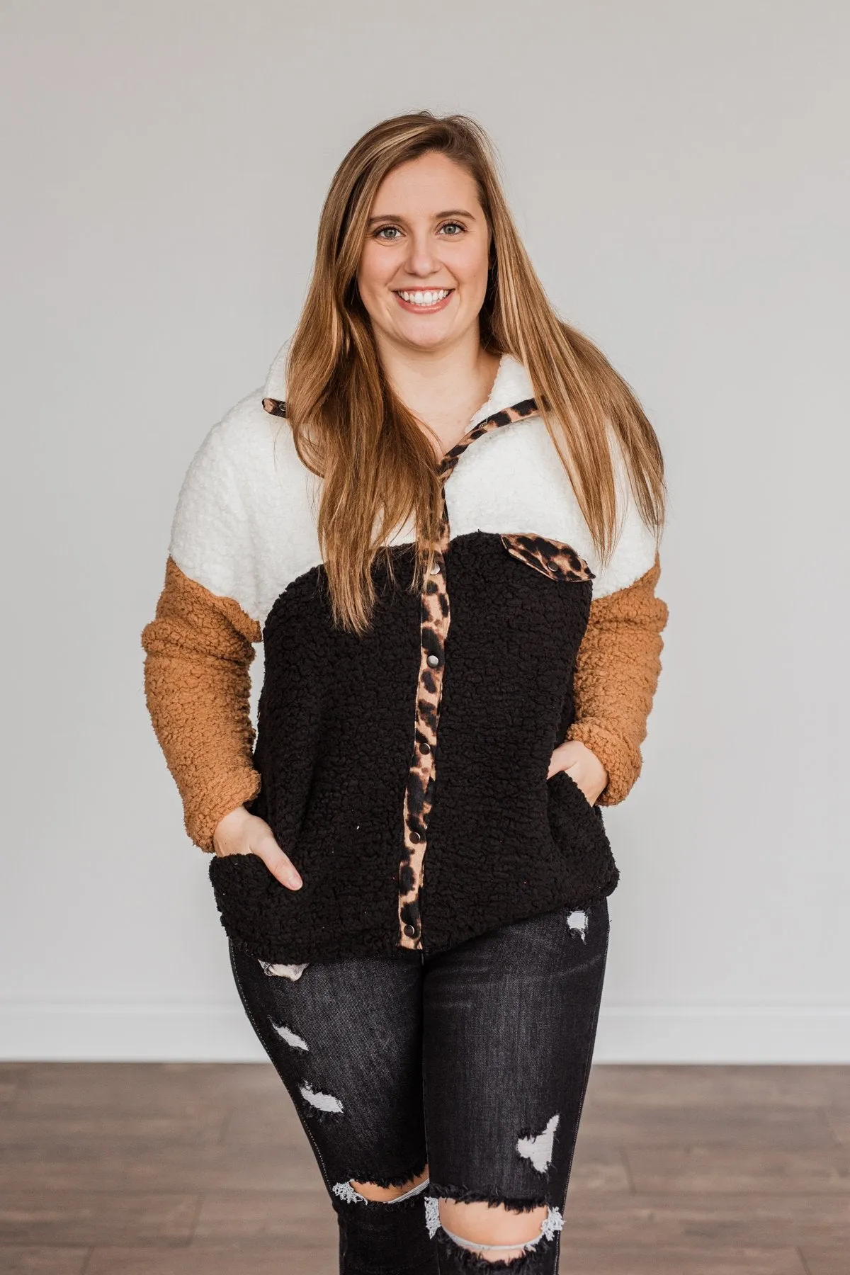 Looking Feisty Button Up Sherpa- Ivory & Camel
