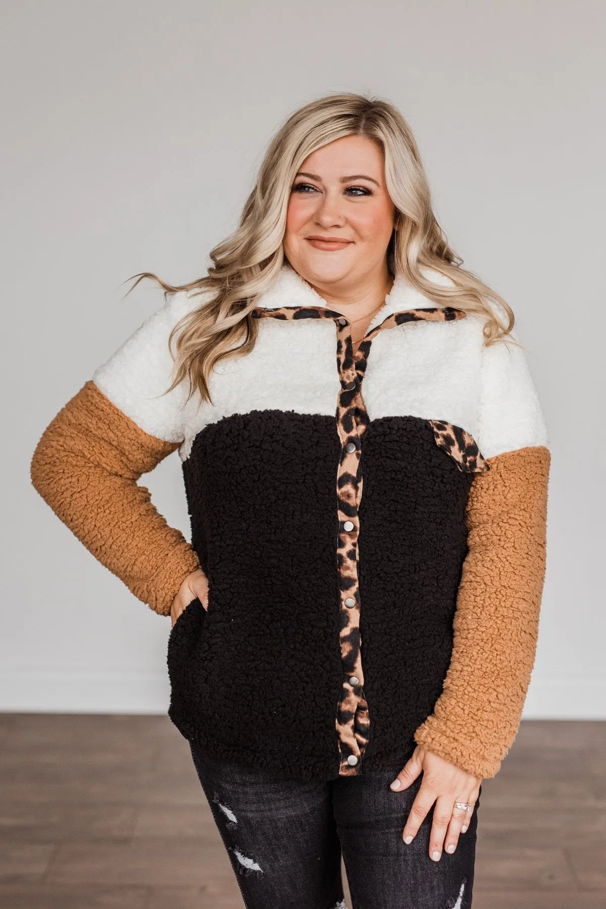 Looking Feisty Button Up Sherpa- Ivory & Camel