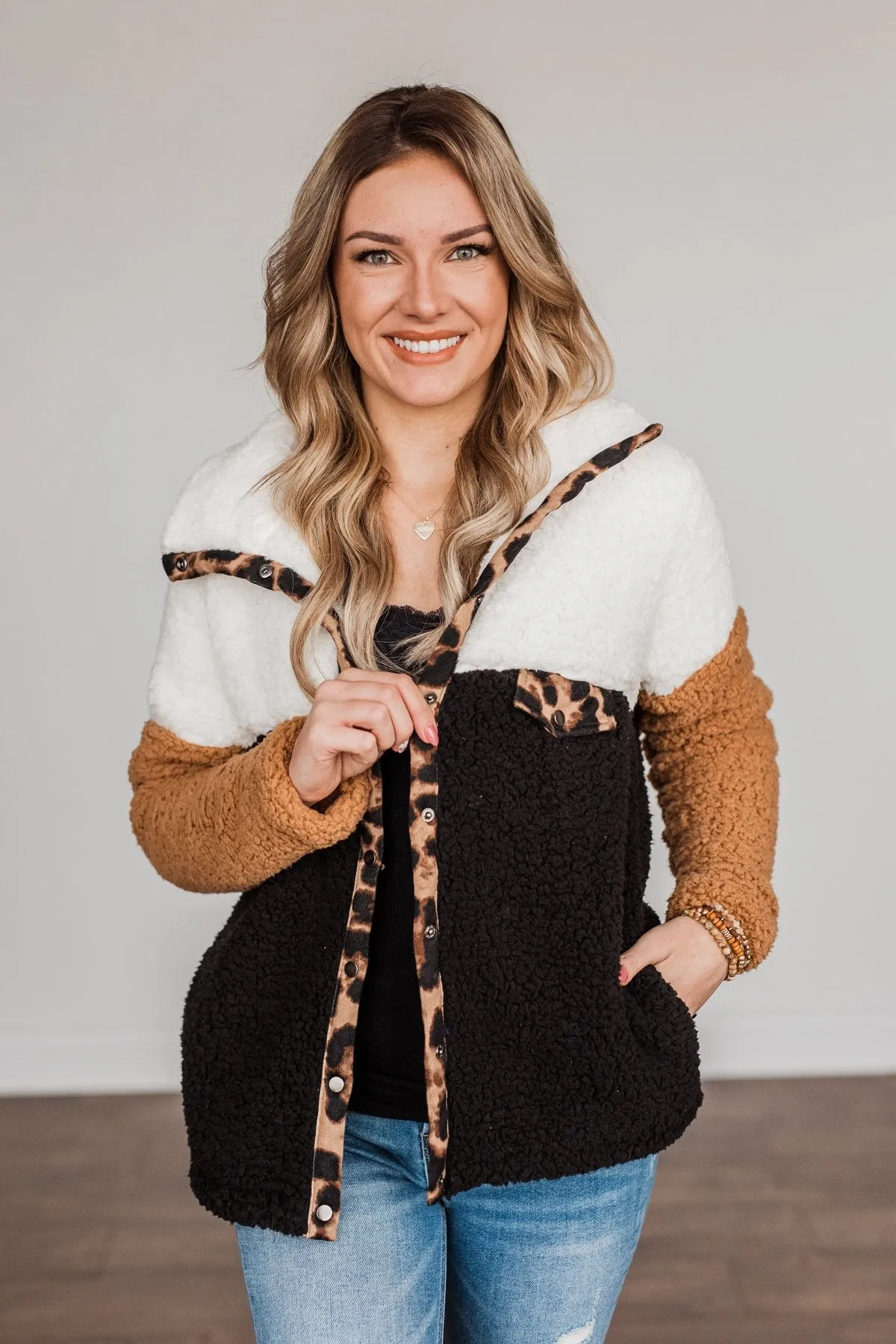 Looking Feisty Button Up Sherpa- Ivory & Camel