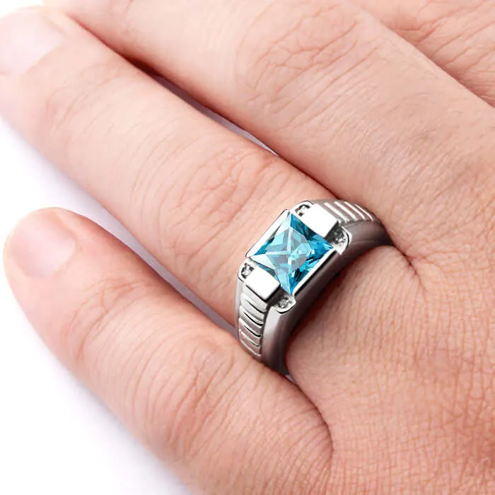 Men's 925 Silver Ring with 4 Genuine Diamonds & Square Gemstone