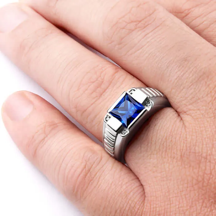 Men's 925 Silver Ring with 4 Genuine Diamonds & Square Gemstone