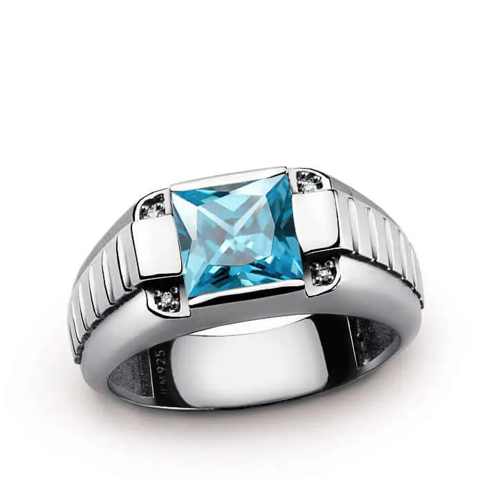 Men's 925 Silver Ring with 4 Genuine Diamonds & Square Gemstone