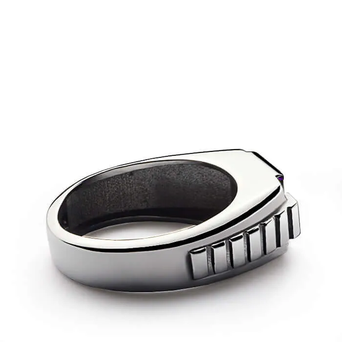 Men's 925 Silver Ring with 4 Genuine Diamonds & Square Gemstone