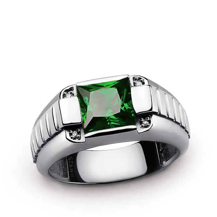 Men's 925 Silver Ring with 4 Genuine Diamonds & Square Gemstone