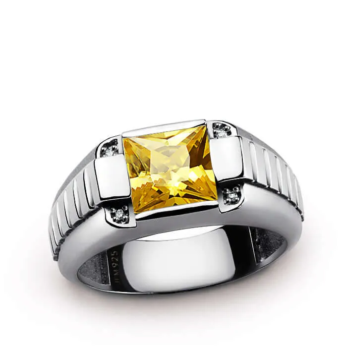 Men's 925 Silver Ring with 4 Genuine Diamonds & Square Gemstone