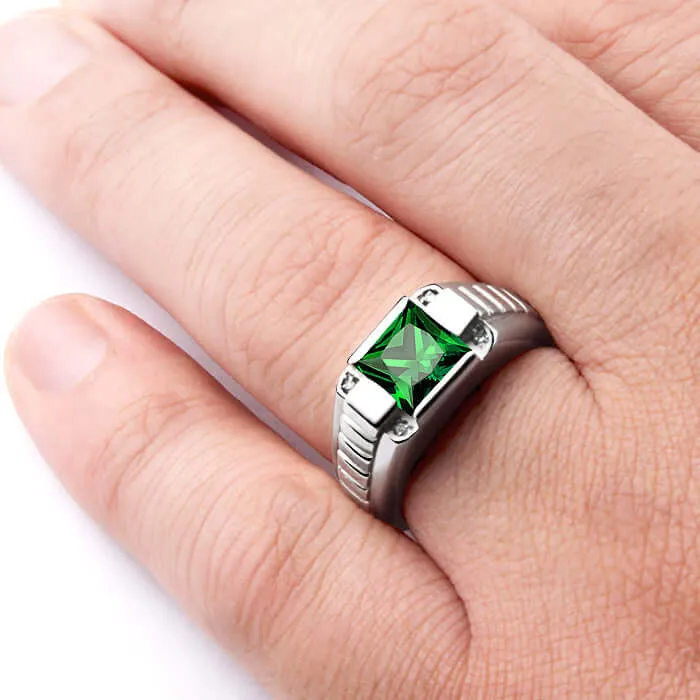 Men's 925 Silver Ring with 4 Genuine Diamonds & Square Gemstone