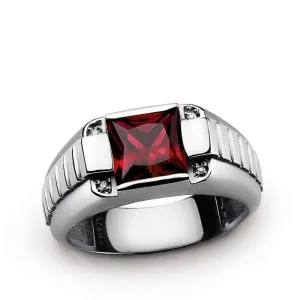 Men's 925 Silver Ring with 4 Genuine Diamonds & Square Gemstone