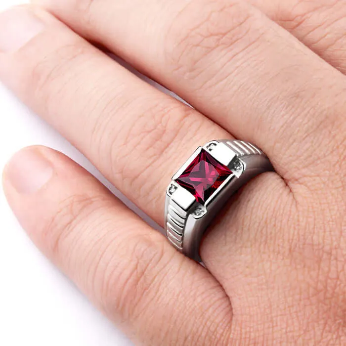Men's 925 Silver Ring with 4 Genuine Diamonds & Square Gemstone