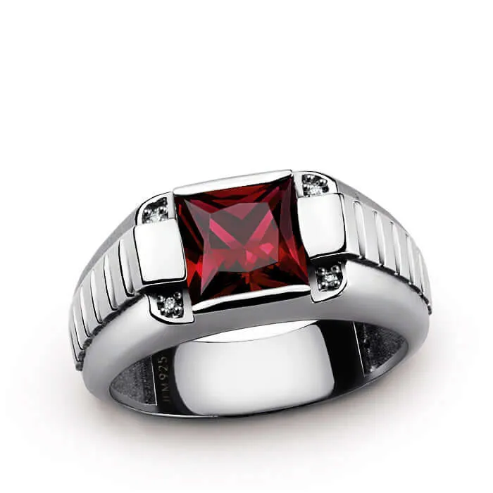 Men's 925 Silver Ring with 4 Genuine Diamonds & Square Gemstone