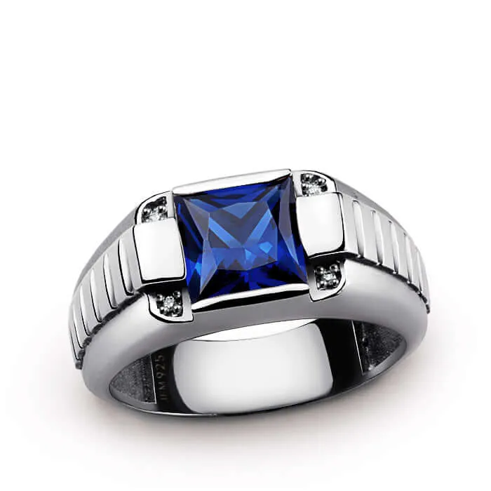 Men's 925 Silver Ring with 4 Genuine Diamonds & Square Gemstone