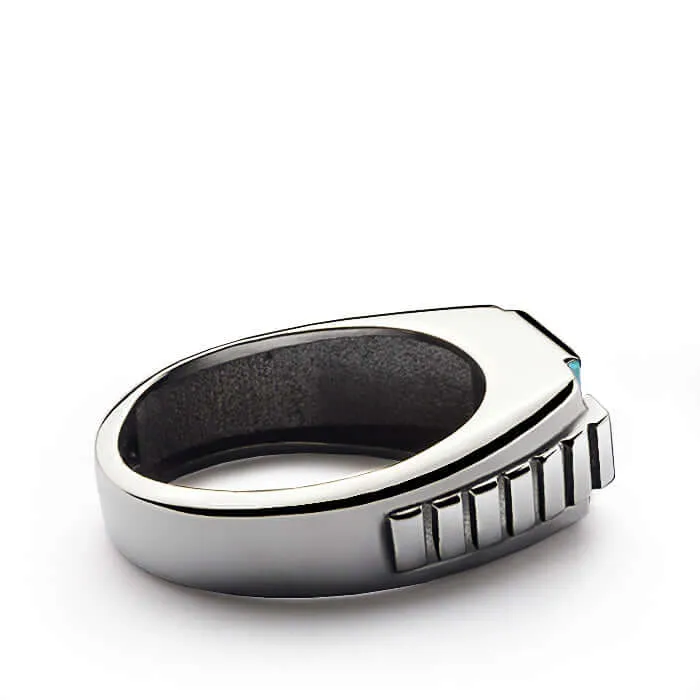 Men's 925 Silver Ring with 4 Genuine Diamonds & Square Gemstone