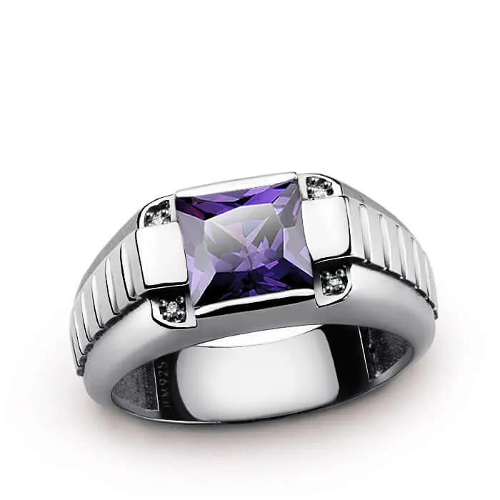 Men's 925 Silver Ring with 4 Genuine Diamonds & Square Gemstone