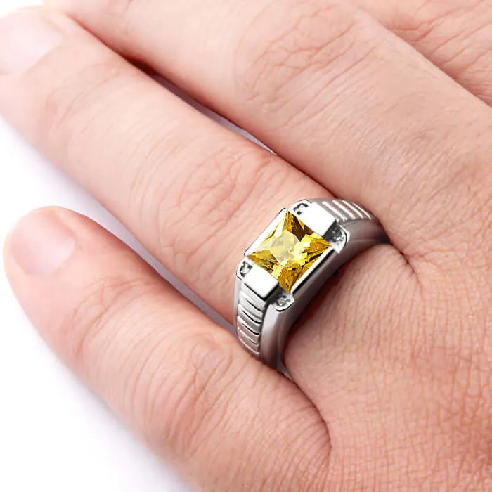 Men's 925 Silver Ring with 4 Genuine Diamonds & Square Gemstone