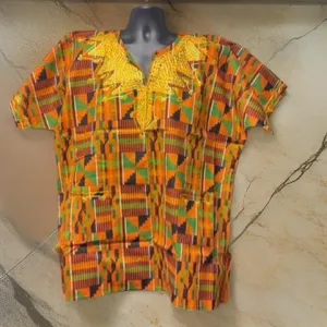 Men's Orange Kente African Print Embroidered Dashiki Shirt