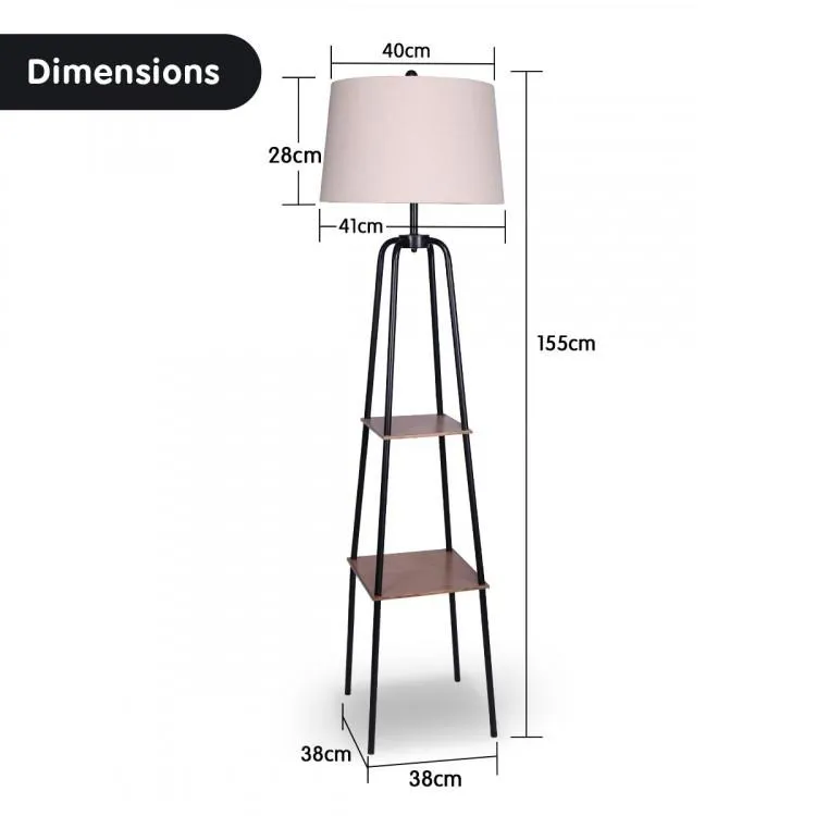 METAL ETAGERE FLOOR LAMP SHADE WITH METAL SHELF IN WOOD GRAIN FINISH