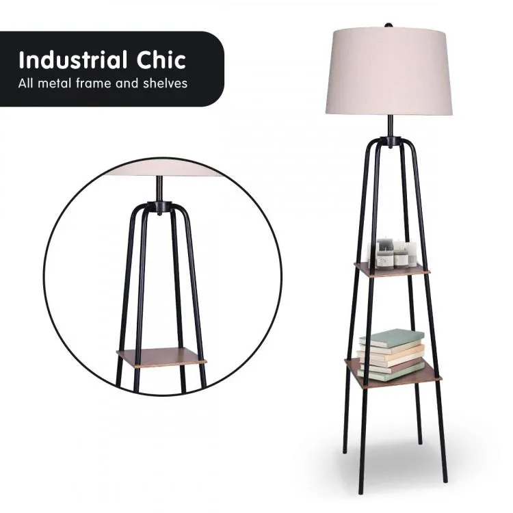METAL ETAGERE FLOOR LAMP SHADE WITH METAL SHELF IN WOOD GRAIN FINISH