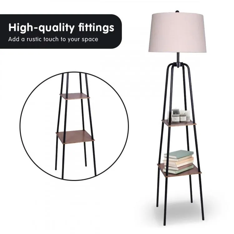 METAL ETAGERE FLOOR LAMP SHADE WITH METAL SHELF IN WOOD GRAIN FINISH