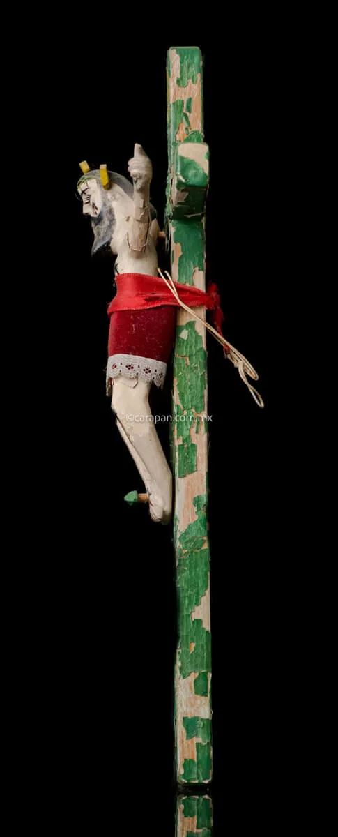 Mexican Lacquered Wooden Cross From Olinalá, Vintage.