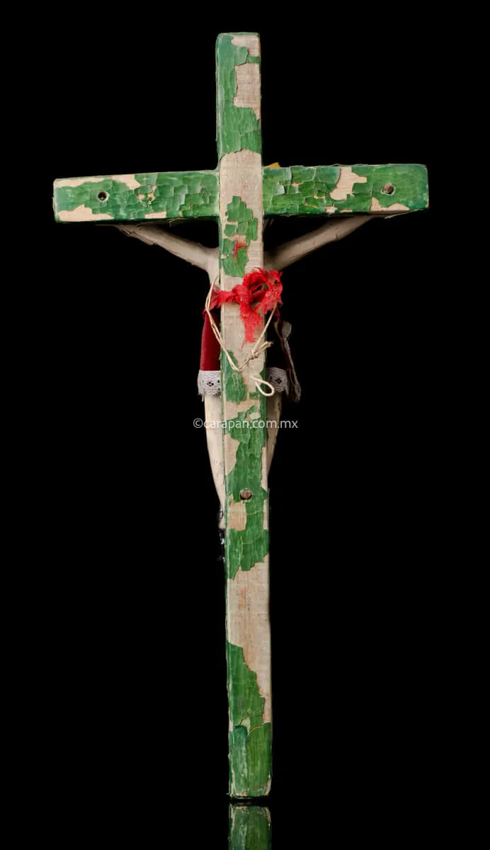 Mexican Lacquered Wooden Cross From Olinalá, Vintage.