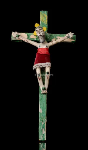 Mexican Lacquered Wooden Cross From Olinalá, Vintage.