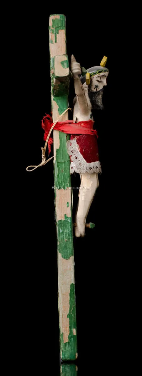 Mexican Lacquered Wooden Cross From Olinalá, Vintage.