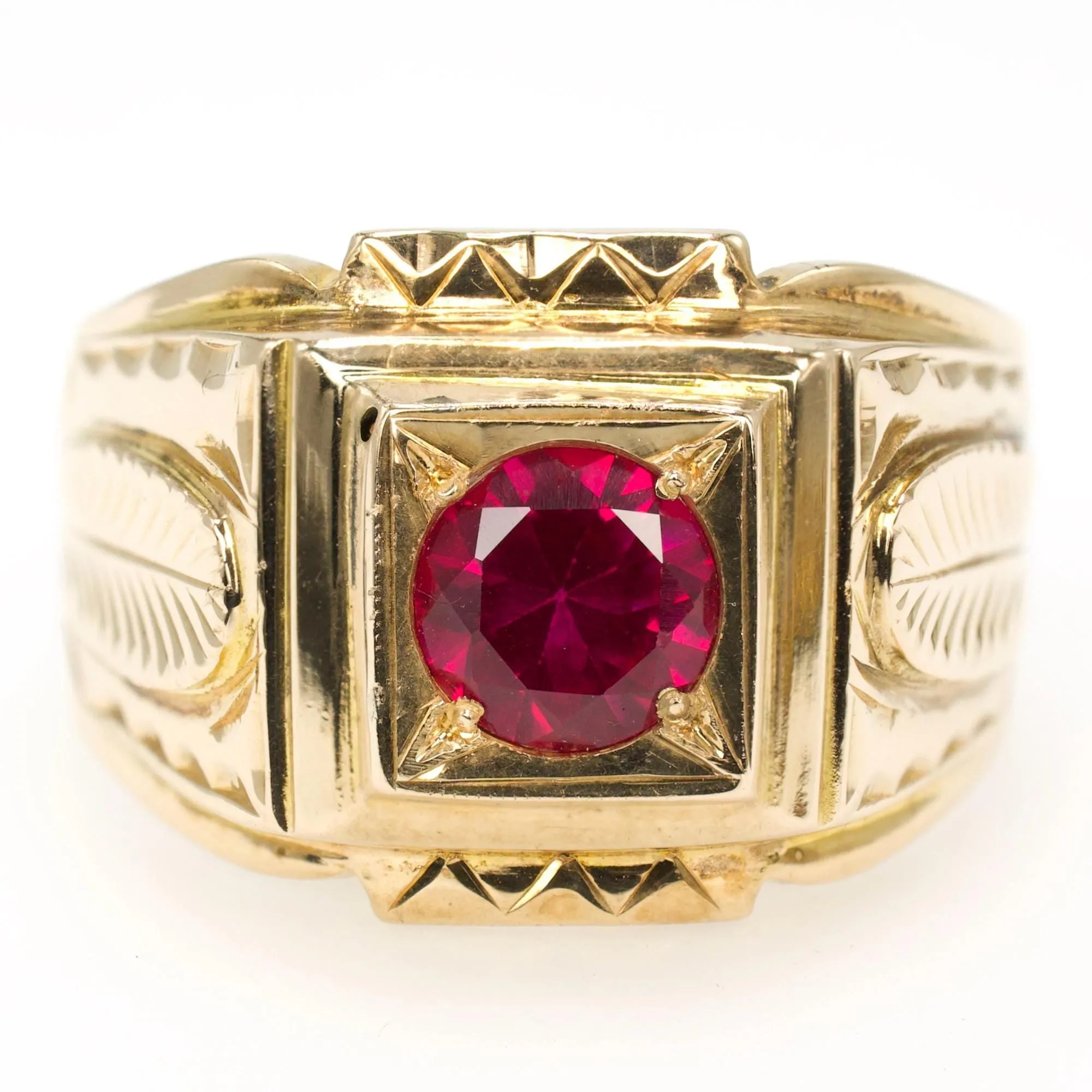 Midcentury Square-Topped Gents Ring with Ruby