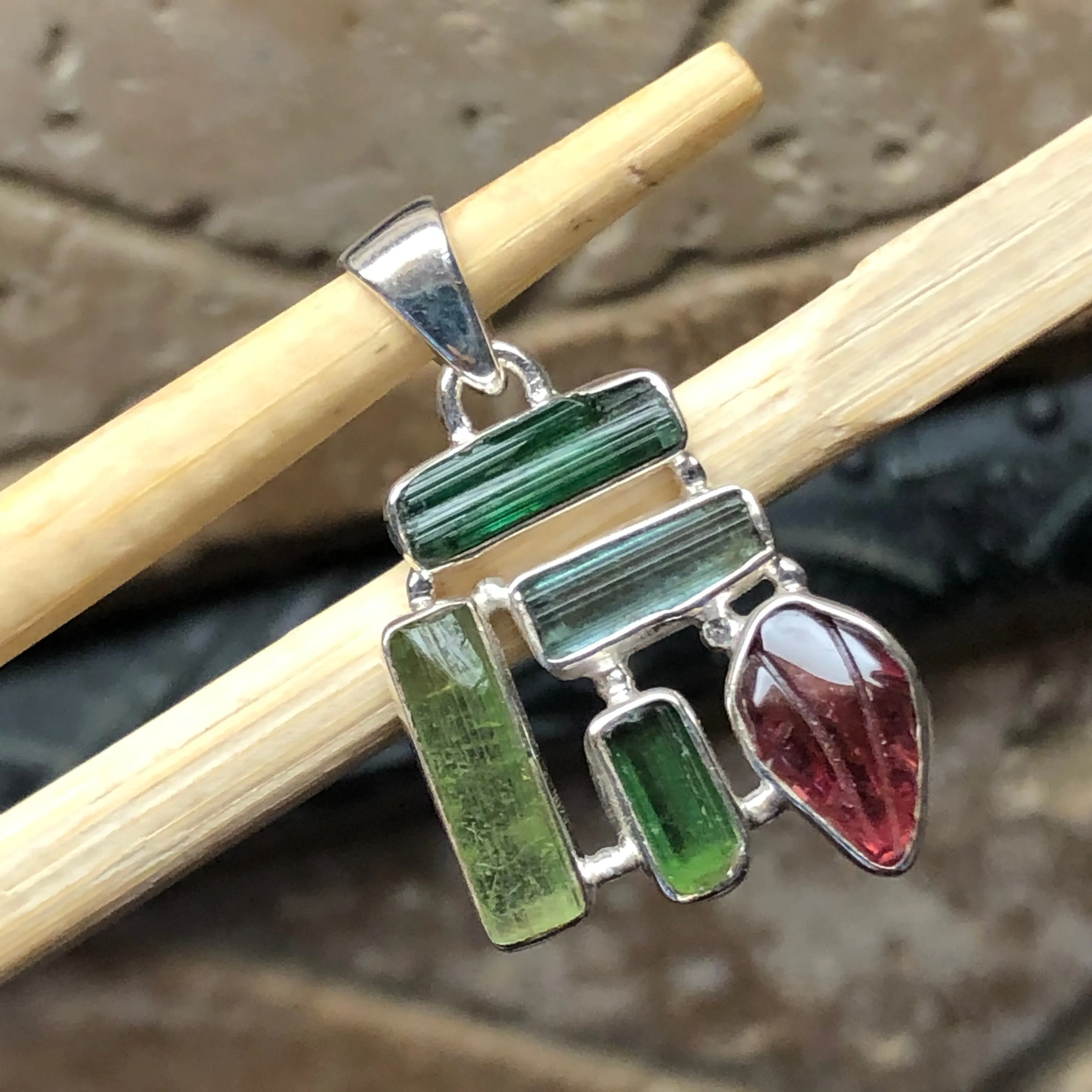 Natural Green Tourmaline, Rubellite Tourmaline 925 Solid Sterling Silver Pendant 30mm