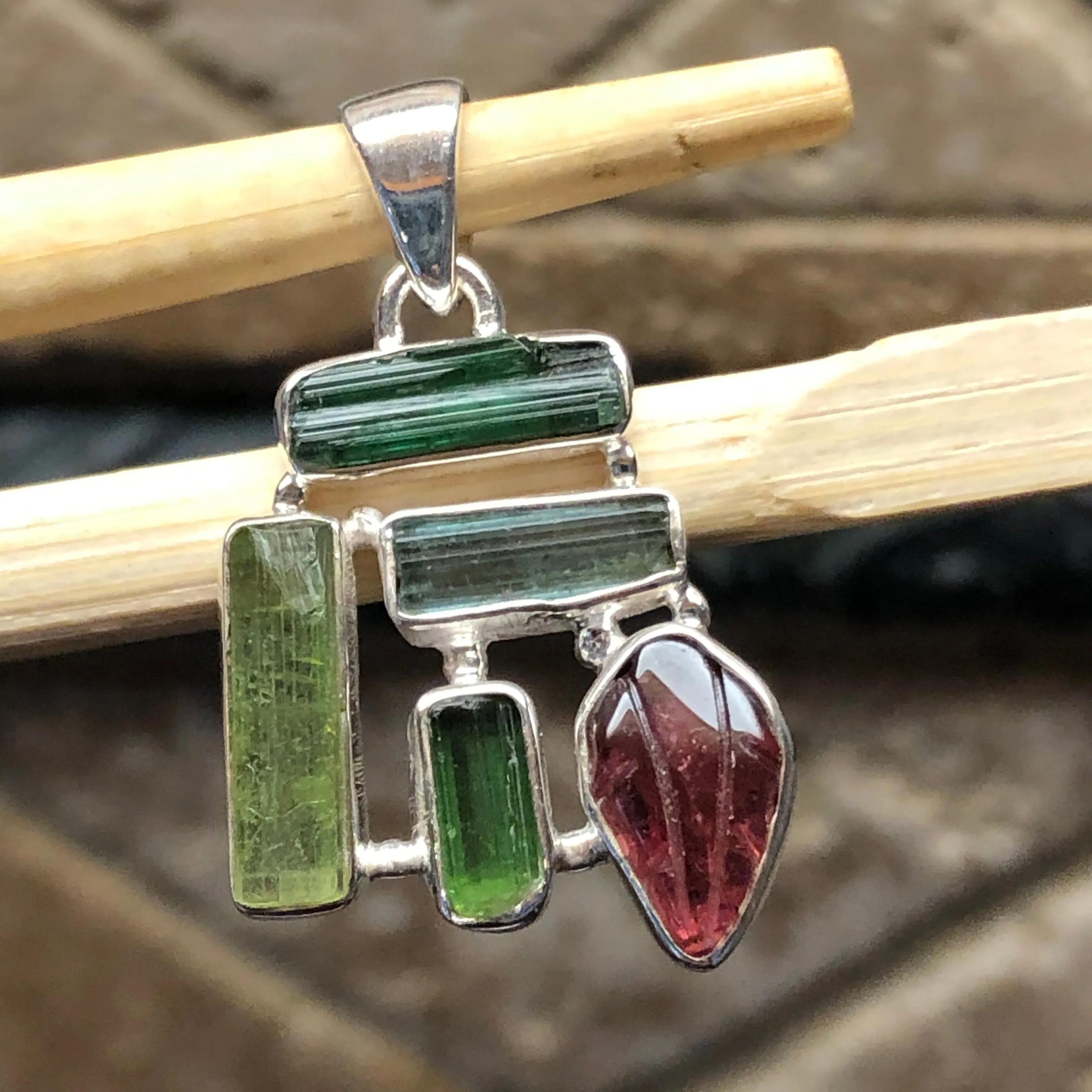 Natural Green Tourmaline, Rubellite Tourmaline 925 Solid Sterling Silver Pendant 30mm