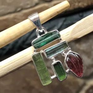 Natural Green Tourmaline, Rubellite Tourmaline 925 Solid Sterling Silver Pendant 30mm
