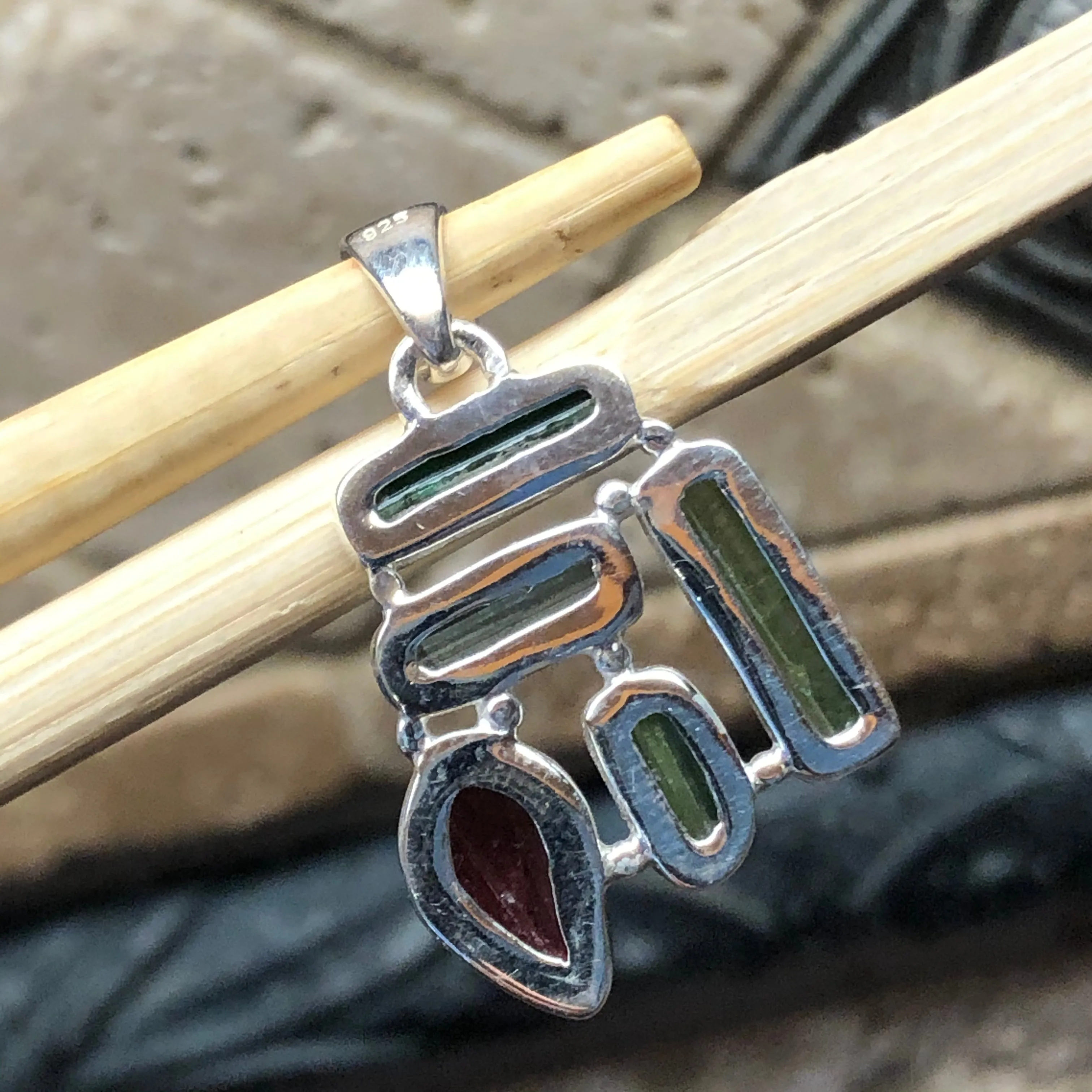 Natural Green Tourmaline, Rubellite Tourmaline 925 Solid Sterling Silver Pendant 30mm