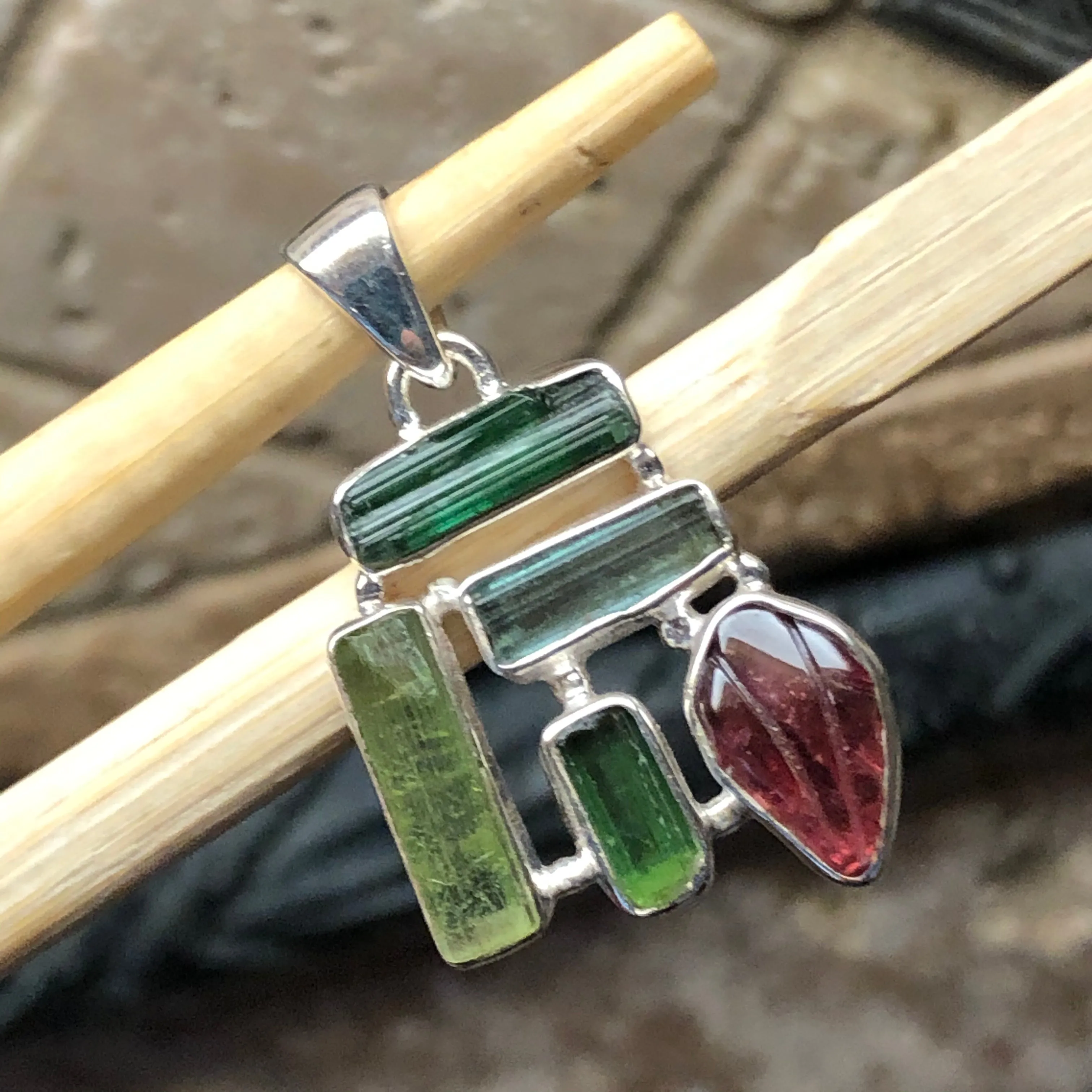 Natural Green Tourmaline, Rubellite Tourmaline 925 Solid Sterling Silver Pendant 30mm