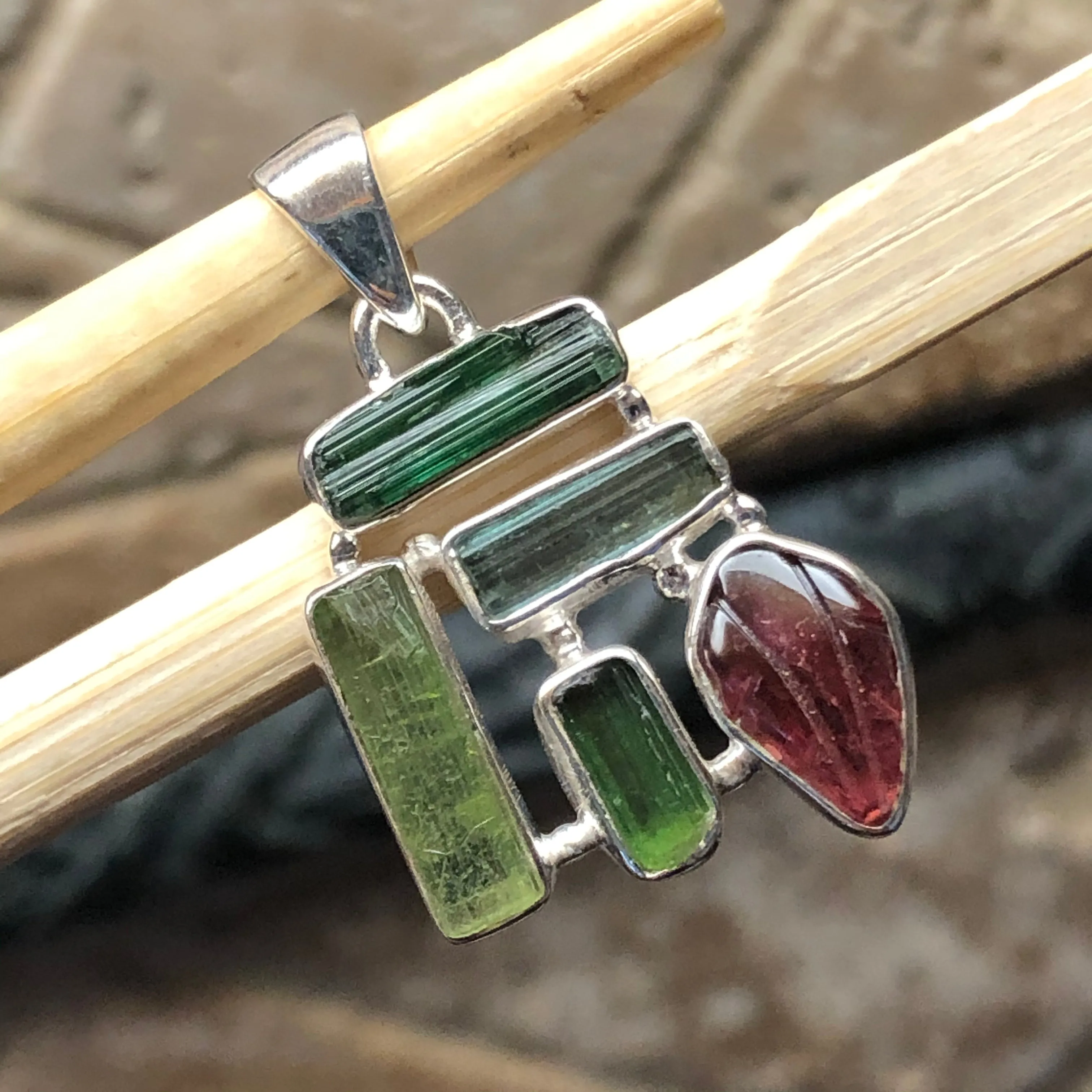 Natural Green Tourmaline, Rubellite Tourmaline 925 Solid Sterling Silver Pendant 30mm