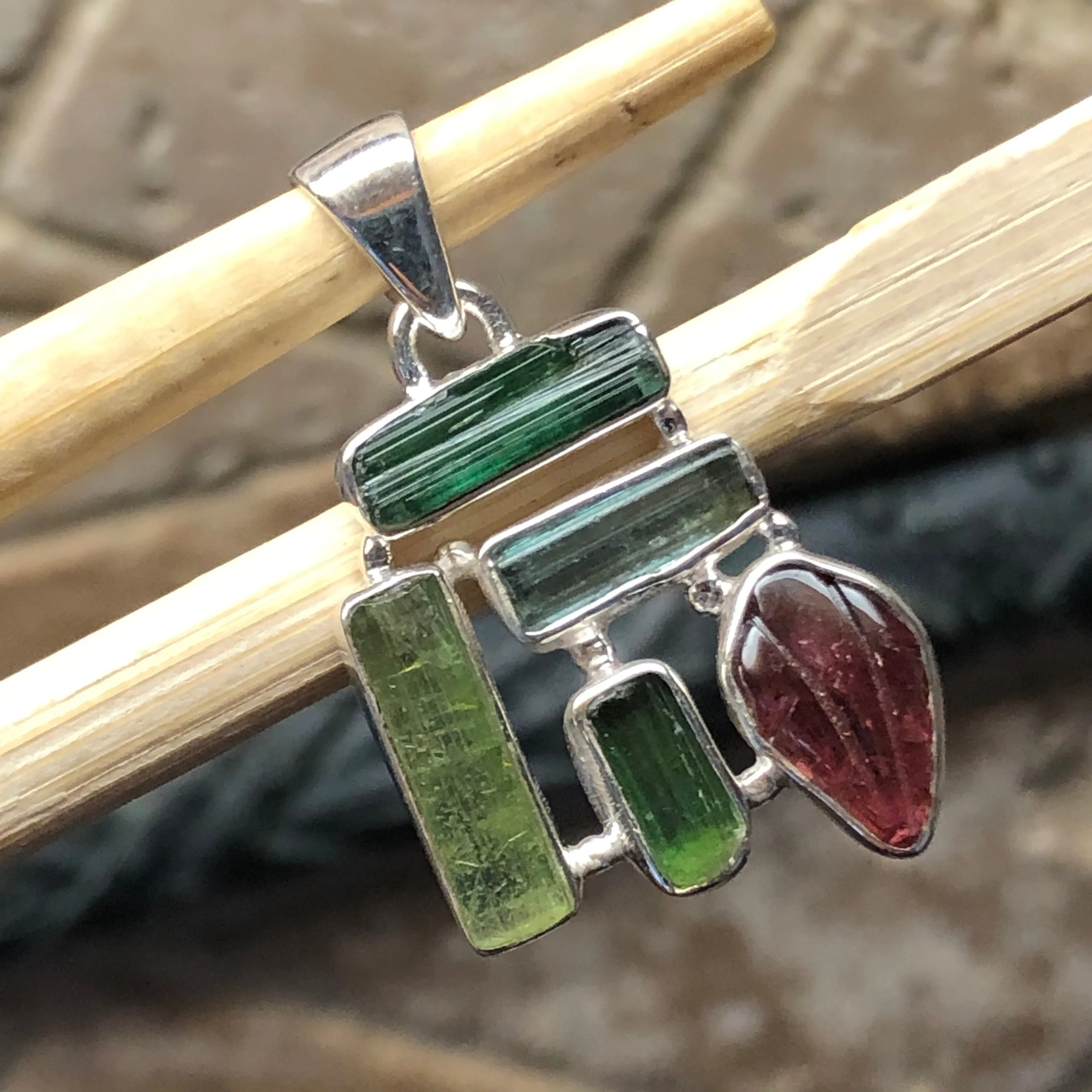 Natural Green Tourmaline, Rubellite Tourmaline 925 Solid Sterling Silver Pendant 30mm