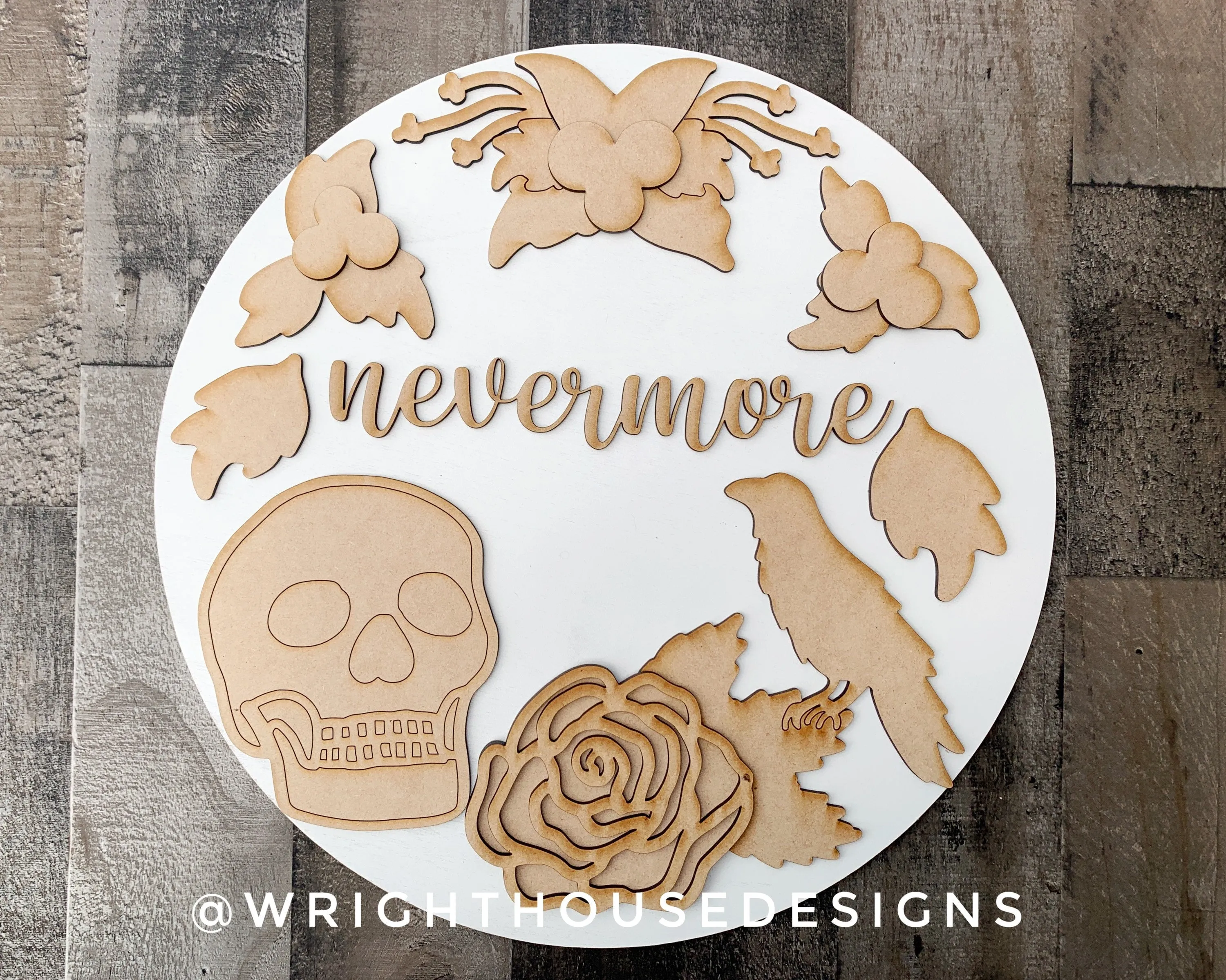 Nevermore Skull and Raven Halloween Door Hanger Round - Seasonal Sign Making and DIY Kits - Cut File For Glowforge Lasers - Digital SVG File
