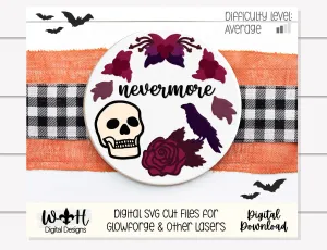 Nevermore Skull and Raven Halloween Door Hanger Round - Seasonal Sign Making and DIY Kits - Cut File For Glowforge Lasers - Digital SVG File