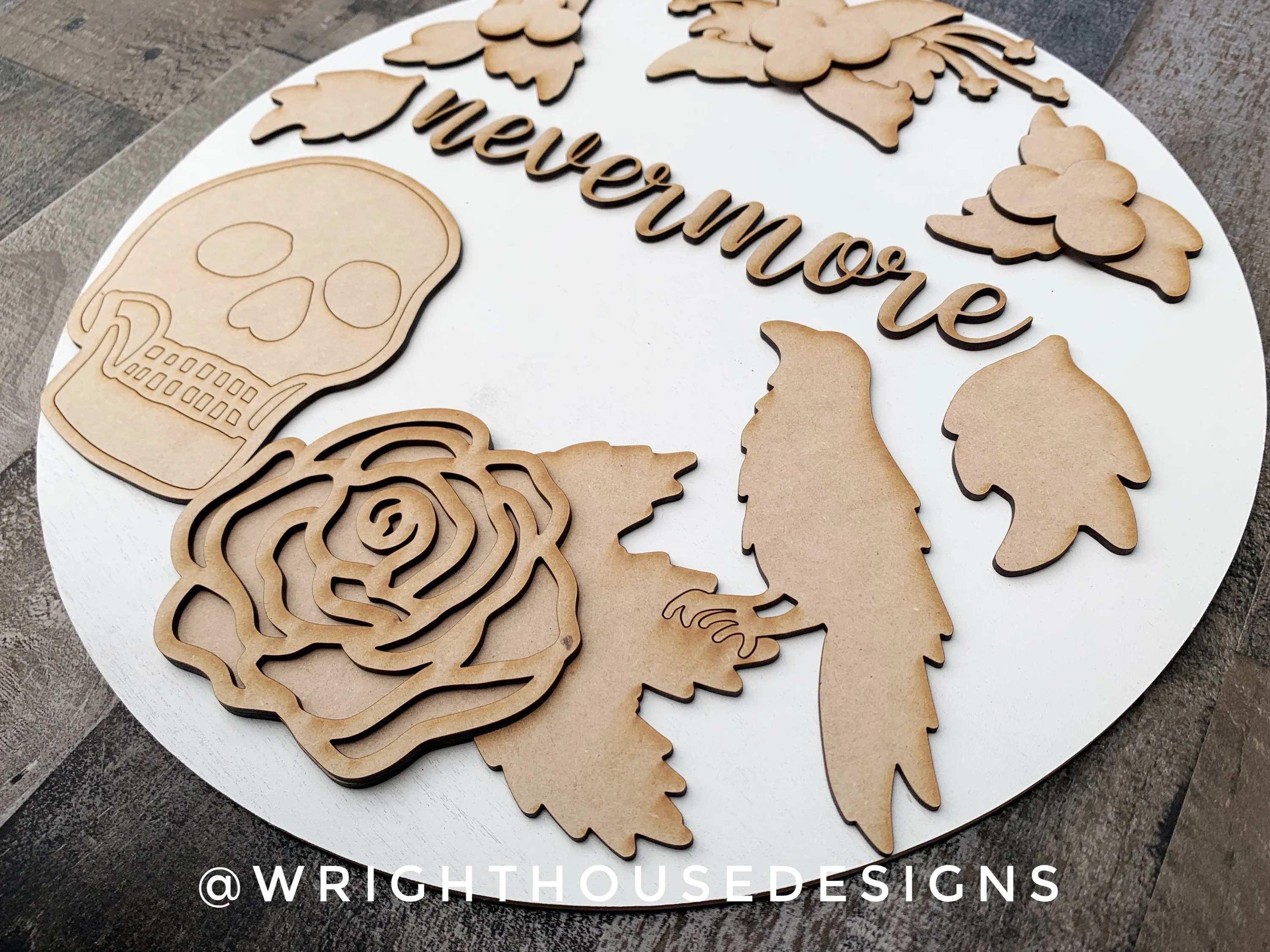 Nevermore Skull and Raven Halloween Door Hanger Round - Seasonal Sign Making and DIY Kits - Cut File For Glowforge Lasers - Digital SVG File