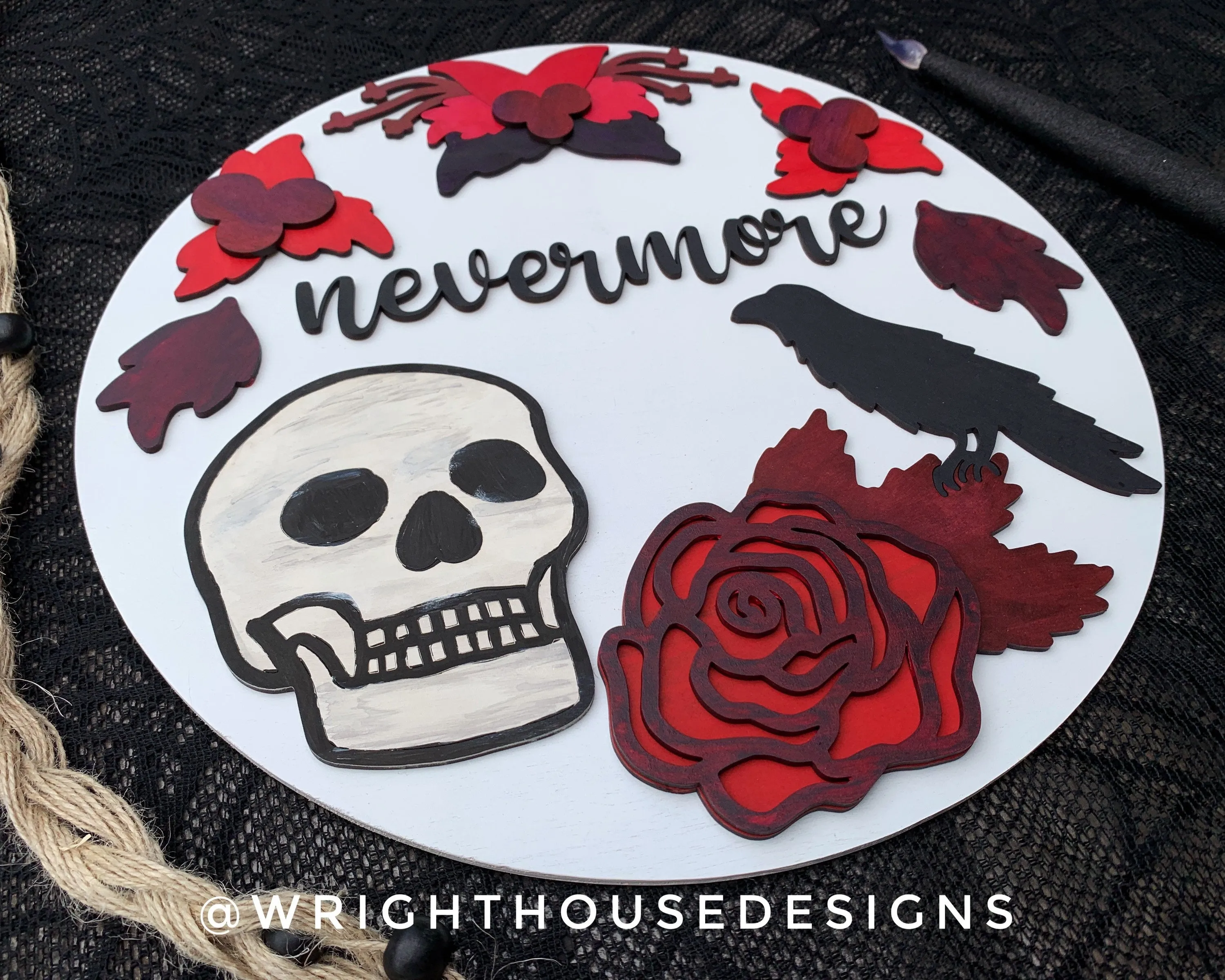 Nevermore Skull and Raven Halloween Door Hanger Round - Seasonal Sign Making and DIY Kits - Cut File For Glowforge Lasers - Digital SVG File