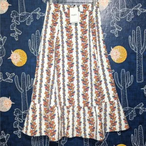 NWT NEW O.P.T Floral Ruffled Boho Midi Skirt White Multi Women's Size XS
