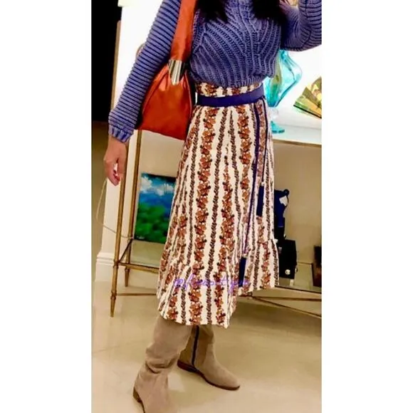 NWT NEW O.P.T Floral Ruffled Boho Midi Skirt White Multi Women's Size XS