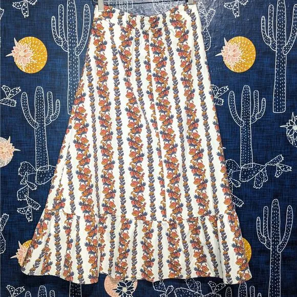 NWT NEW O.P.T Floral Ruffled Boho Midi Skirt White Multi Women's Size XS