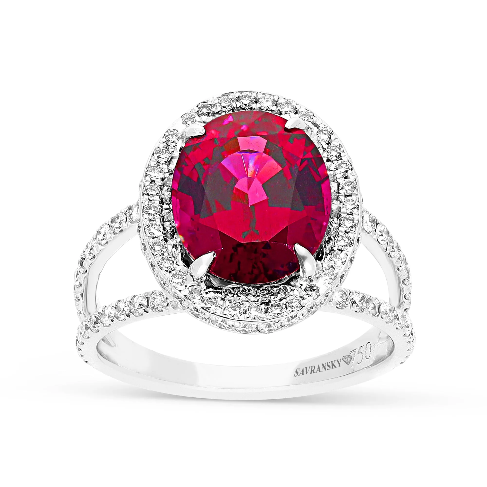 Oval Cut Rhodolite Double Edge Halo & Split Shank Ring