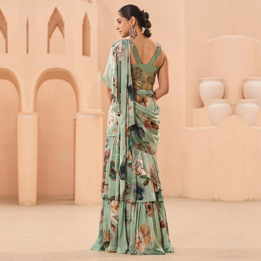 Pastel Green Floral Print Ruffled Saree