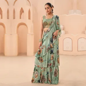 Pastel Green Floral Print Ruffled Saree